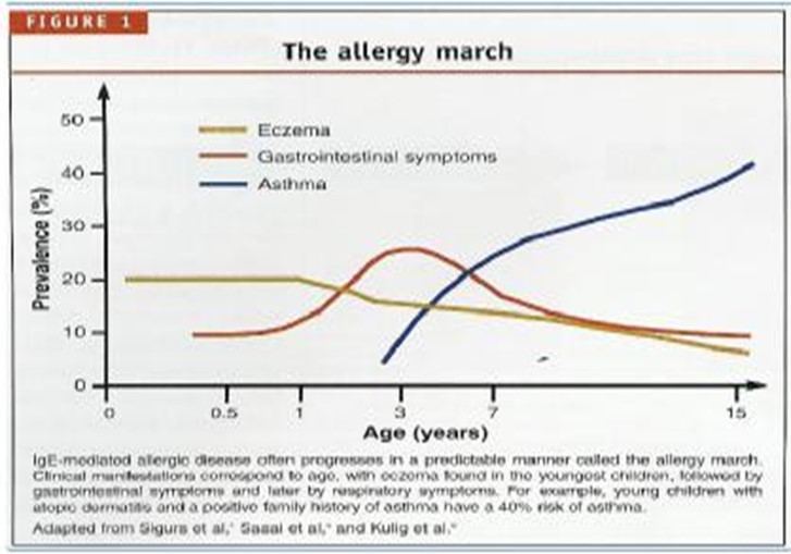 Graph showing the allergy march from eczema and gastrointestinal symptoms to asthma over time