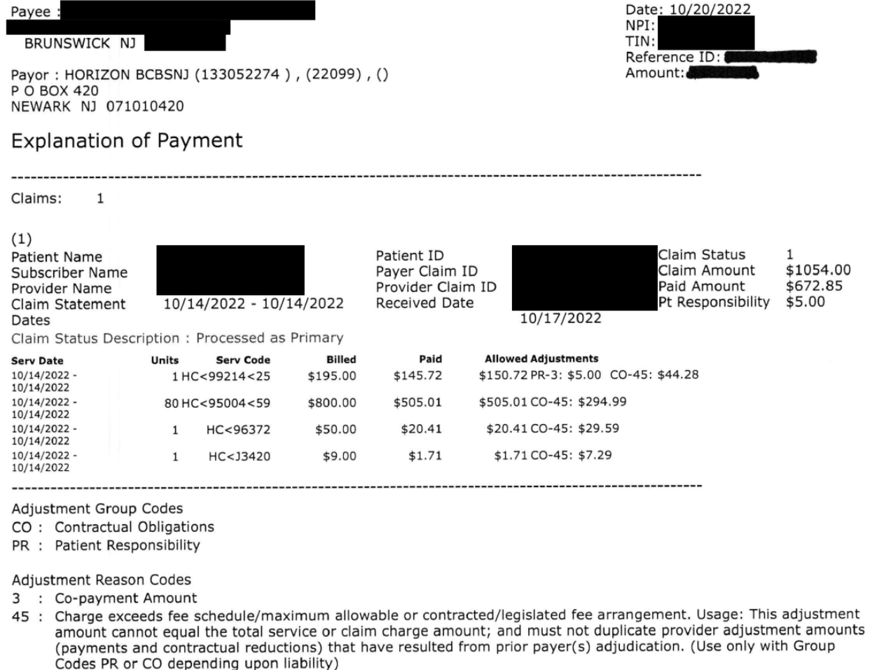Redacted BCBS New Jersey EOB showing $505.01 allowed for an 80-unit allergy test, CPT code 95004, plus $145.72 for a 99214 office visit and vitamin injection.