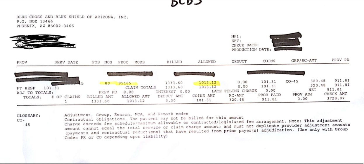 Redacted Blue Cross Blue Shield of Arizona EOB showing $1,013.12 allowed for 80 units of allergen serum, CPT code 95165.