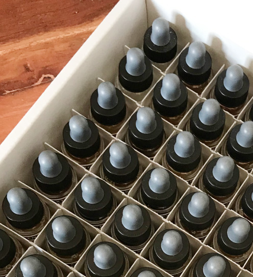 Close-up photo of allergen vials in an MRS Allergy test kit