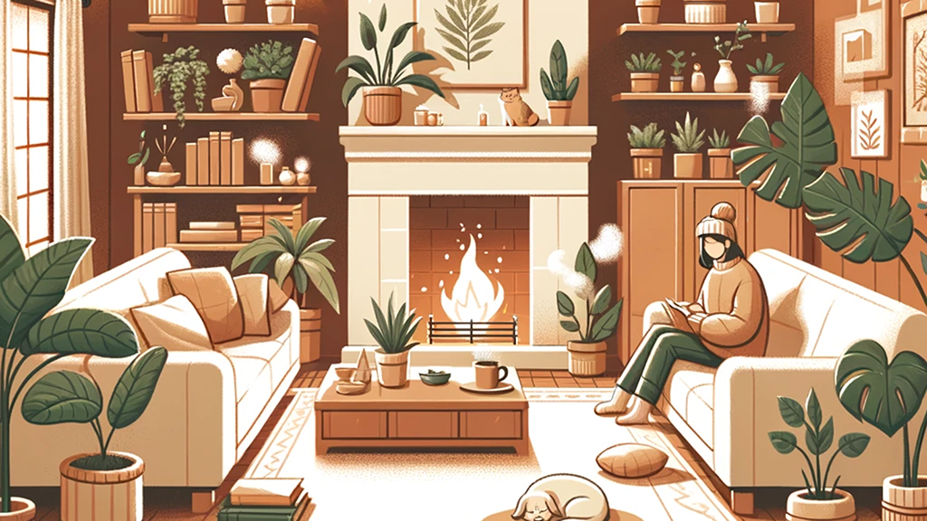 A cozy living room with a person reading on a couch by a fireplace, surrounded by indoor plants and a sleeping dog on the floor.