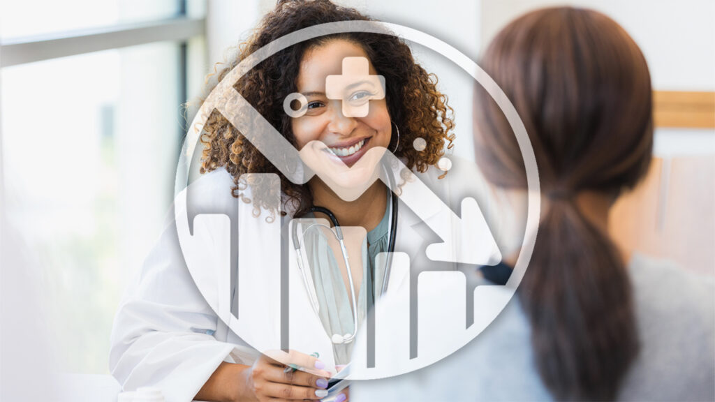 A smiling female doctor consulting with a patient, overlaid with a graphic showing a downward arrow and bar chart symbolizing decreasing medical expenses.
