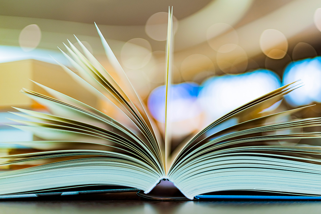 An open book with its pages fanned out, placed on a table with a blurred background of lights.