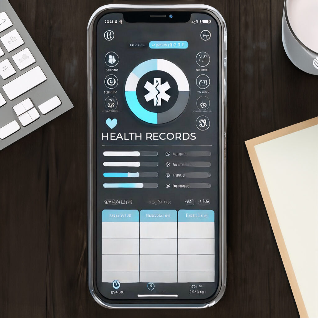 Medical mobile app interface displaying health records, appointment scheduling, and medication reminders.